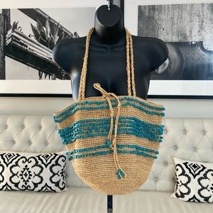 J. Crew Straw Tote with Turquoise Accent